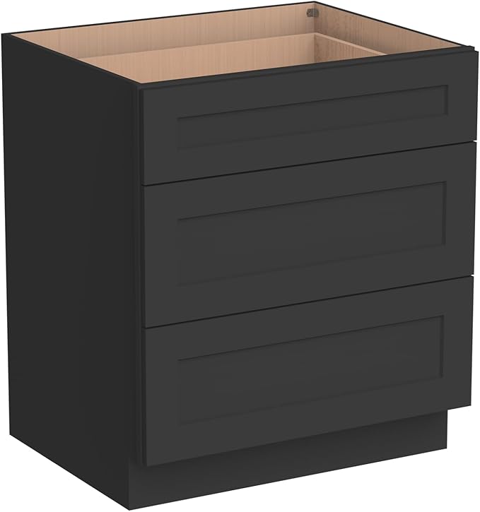 Shaker Style Charcoal Black RTA Base Cabinet with Drawers- Solid Wood 3-Drawer Design with Soft Close, 21" W x 24" D x 34.5" H, Perfect for Standalone Use or Kitchen Cabinet Combinations
