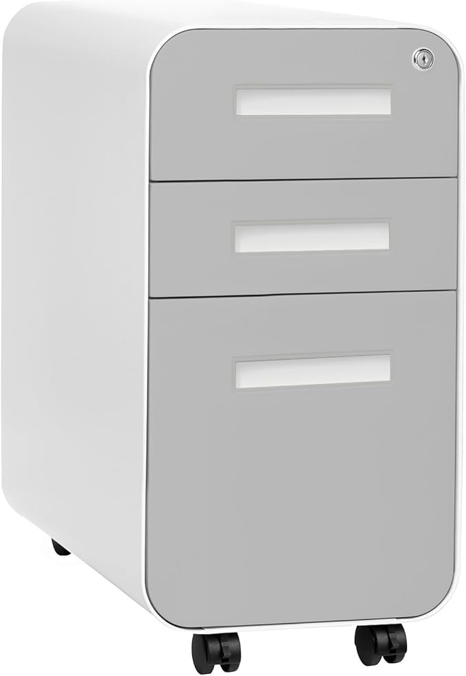 Laura Davidson Furniture Stockpile Slim 3-Drawer Mobile File Cabinet with Lock - Under Desk Metal Filing Cabinet, Legal/Letter File Folders, Wheels & Stationary Feet, Assembled, Light Grey Faceplate