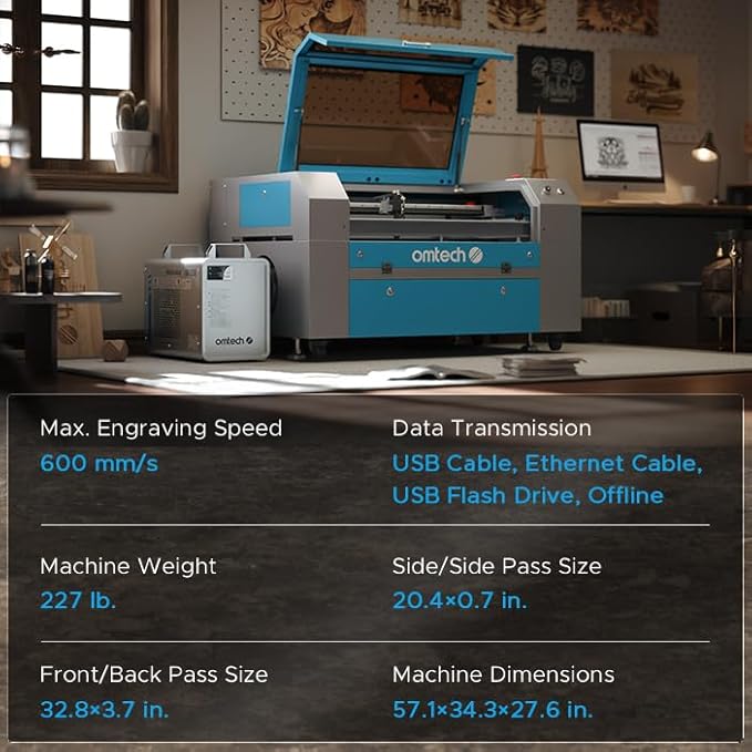 OMTech 90W CO2 Laser Engraver with LightBurn & Water Chiller, 20"x28" Laser Engraving Cutting Machine with 4 Way Pass Through Air Assist Caster Wheel, Commercial Laser Cutter for Wood Glass Acrylic