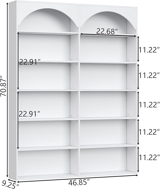 70.8’’ Tall Bookshelf and Bookcase of 2 pcs, 7-Tier Double Wide Bookcase Modern Large Open Display Shelves with Curved Baffle for Home Office Living Room (White-2pcs)