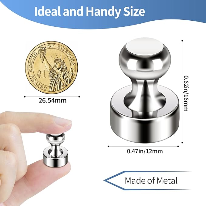 12Pack Fridge Magnets for Whiteboard Strong Refrigerator Magnets for Adult Small Push Pin Magnets for White Board Refrigerator Map Classroom Office Teacher Silver