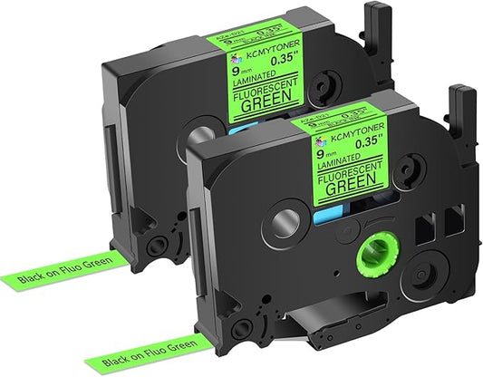 2 Pack Compatible for Ptouch TZe-D21 TZ-D21 TZe TZ Label Tape 9mm 0.35'' Laminated Black on Fluo Green Tape Label Maker Tape for PT-9700PC PT-1880 PT-1230PC PT-1280 PT-1800 PT-1830