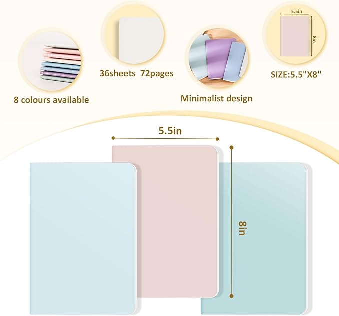 Ddaowanx Notebooks, Journals in Bulk, Blank Paper Sketchbooks, 72 Pages, 36 Sheets, 80GSM, 8.3x5.5 Inch, A5 Size, Travel Writing Notebooks Journal for Office School Supplies (Blank-48pack, 8 Colors)