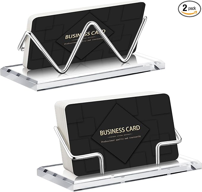 Amyhill 2 Pieces Acrylic Business Card Holder for Desk Clear Horizontal Business Card Display Stand Postcard Holder for Office Home Desktop (Silver)