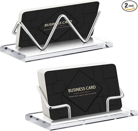 Amyhill 2 Pieces Acrylic Business Card Holder for Desk Clear Horizontal Business Card Display Stand Postcard Holder for Office Home Desktop (Silver)