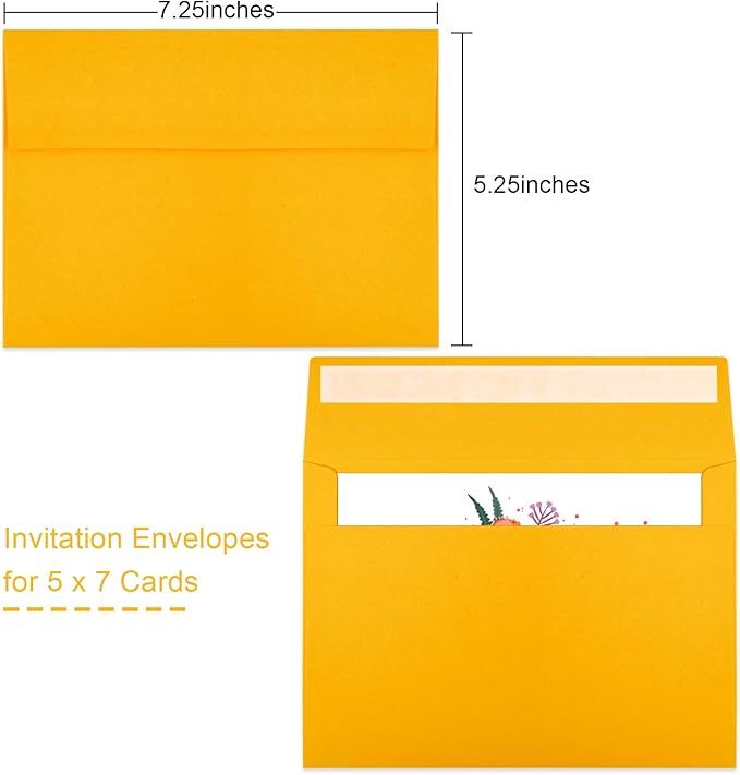 Joyberg 50 Pack Yellow 5x7 Envelopes - Self Seal for Weddings, Photos, Greeting Cards & Mailing