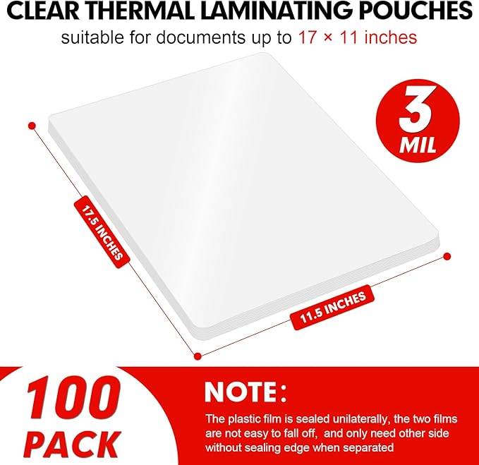 Laminating Sheets, 100 Pack Clear Thermal Laminating Plastic Paper Hold 11 x 17 Inch Sheet, 3 Mil Lamination Sheet Paper for Laminator, Round Corner