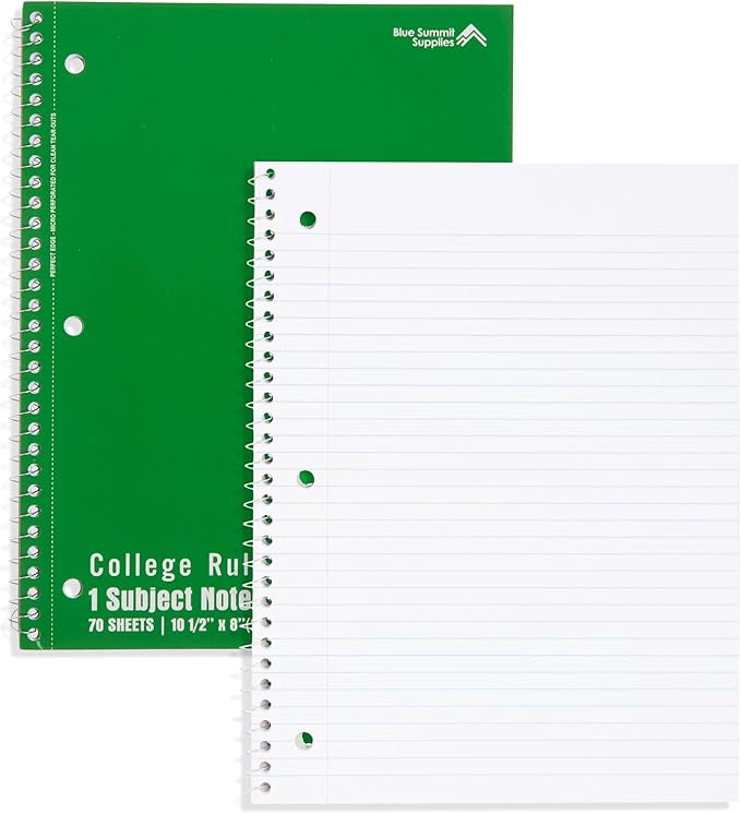 Blue Summit Spiral Notebooks Bulk, One Subject Spiral Notebook College Ruled, Perforated Notebook, 8 x 10.5 for Work and School, Paper, College Ruled, Bulk 24 Pack
