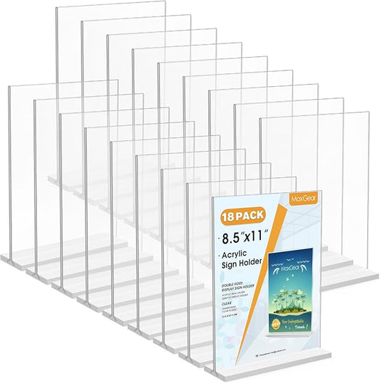 MaxGear Acrylic Sign Holder 8.5x11 Inches 18 Pack, Double Sided Clear Display Stand Table Top Paper Holder, Vertical Menu Flyer Stand, Plastic Frame for Stores, Restaurants, Hotels, Office