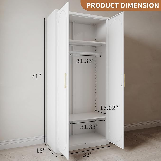 Metal Wardrobe Cabinet for Hanging Clothes, 71" Tall Armoire Wardrobe Closet with Hanging Rod, White Clothing Storage Cabinet with Doors and Shelves, Large Closet for Bedroom-Assemble Required
