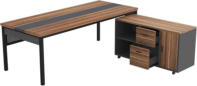 Tribesigns 70.8" Large Executive Office Desk and 47" Lateral File Cabinet Combo, L-Shaped Computer Desk 2 Piece Business Furniture with Drawers and Shelves, Home Office Workstation, Walnut