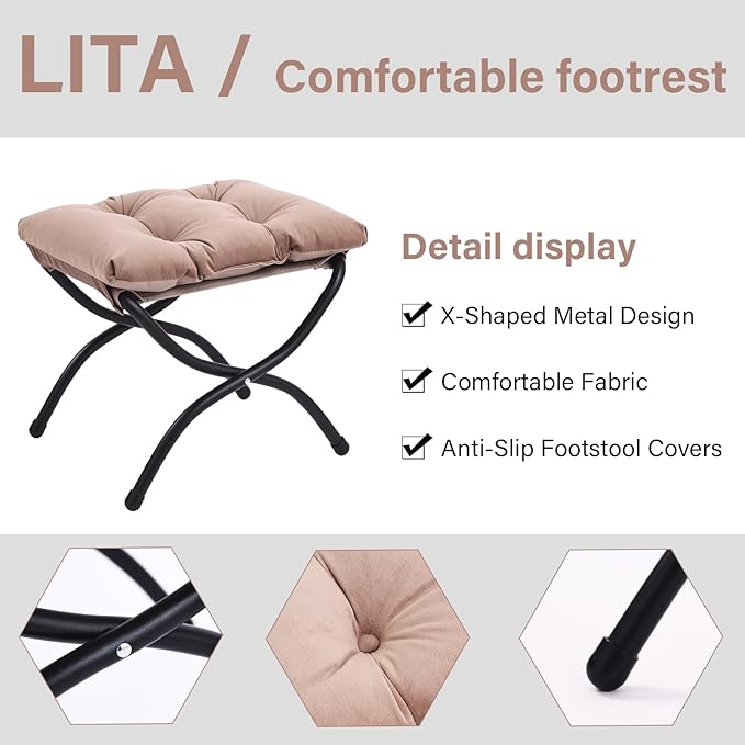 LITA Folding Upholstered Footrest Stool, Modern Small Portable Accent Ottoman with Detachable Thick Cotton Cushion Padded Sofa Stool with Metal Frame for Lazy Chair, Living Room & Bedroom, Khaki