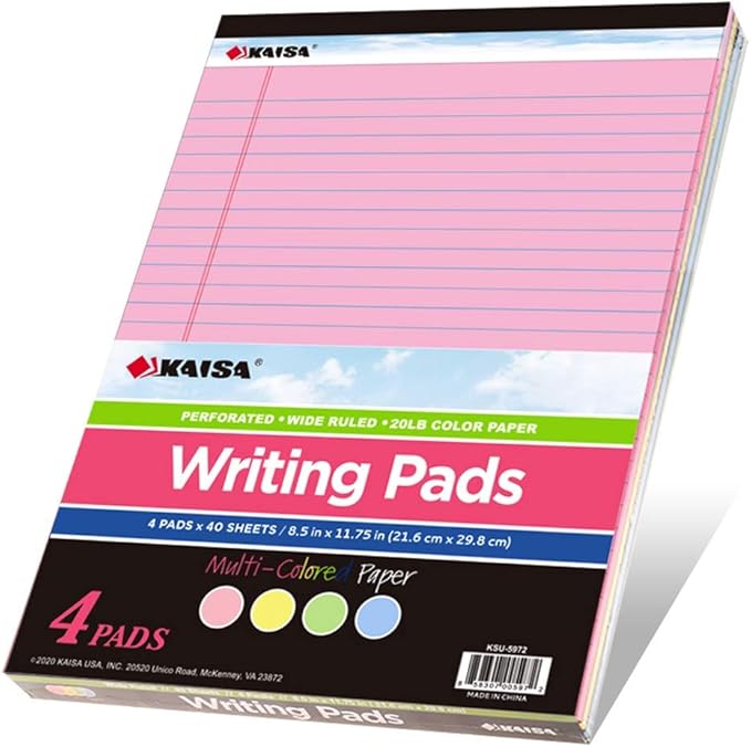 KAISA Colored Legal Pad Writing Pads 8.5x11 inch, Wide Ruled, 40 Sheets/Pad, 20lb Colored Paper, Perforated Writing Pad with Sturdy Back (4 Pads), KSU-5972