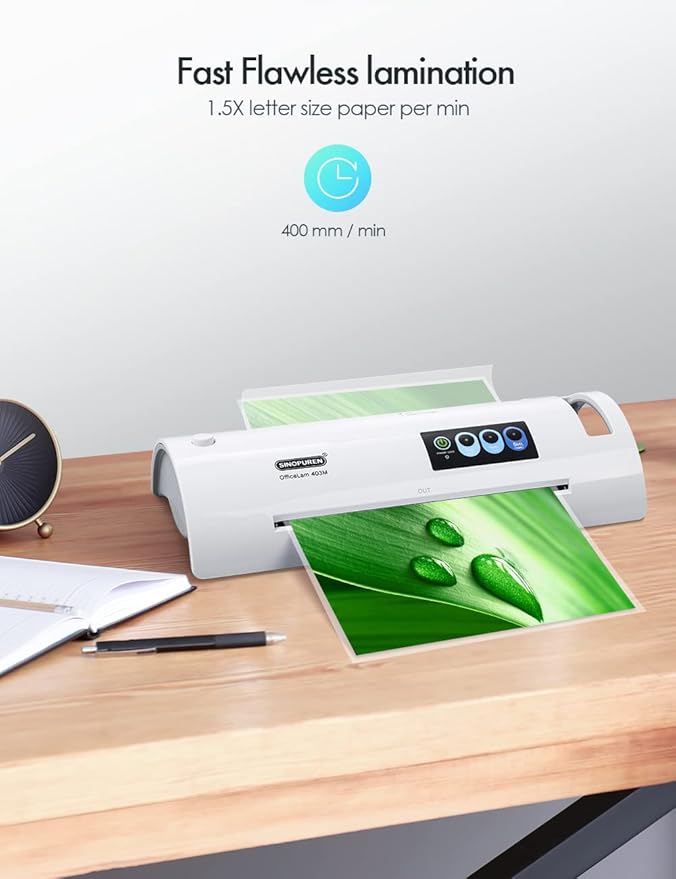 Laminator Machine, SINOPUREN Laminating Machine, Thermal Lamination 9-inch Quick 1min Warm-up JamFree-Tech Personal Lamination Work with 3mil 4mil 5mil Pouches, School/Office/Home use, White