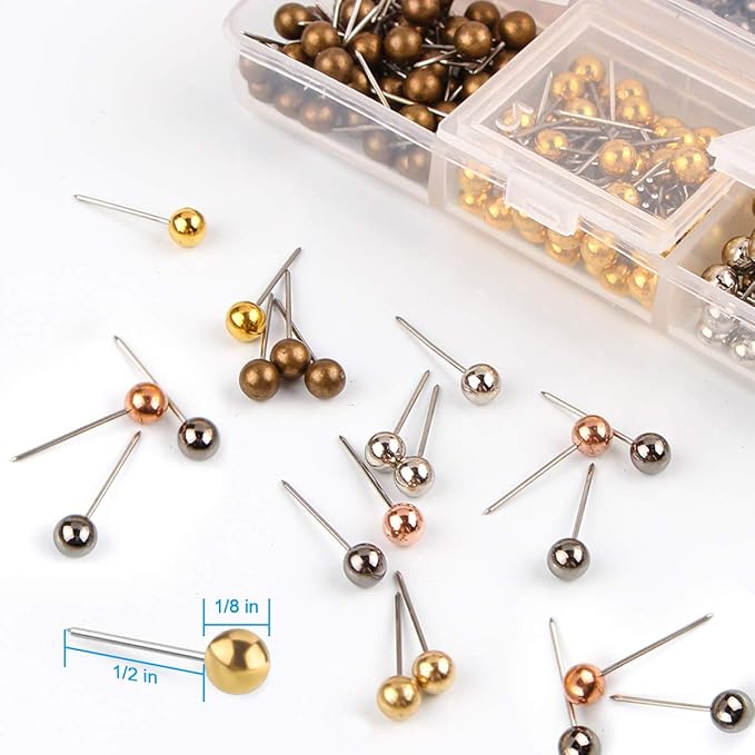 Yalis Push Pins Map Tacks 1/8-Inch Metallic Color Beads Head Marking Pins, 6 Colors, 360-count