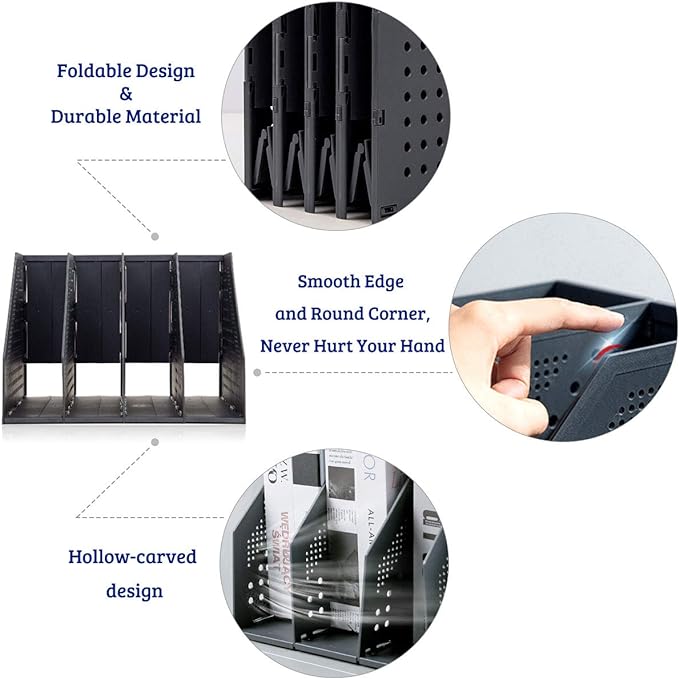 Lemical Magazine Holder 4 Vertical Compartments Collapsible Magazine File Holder Space Saving Rack Home Kitchen Desk Organizer No Need Assemble (Black)