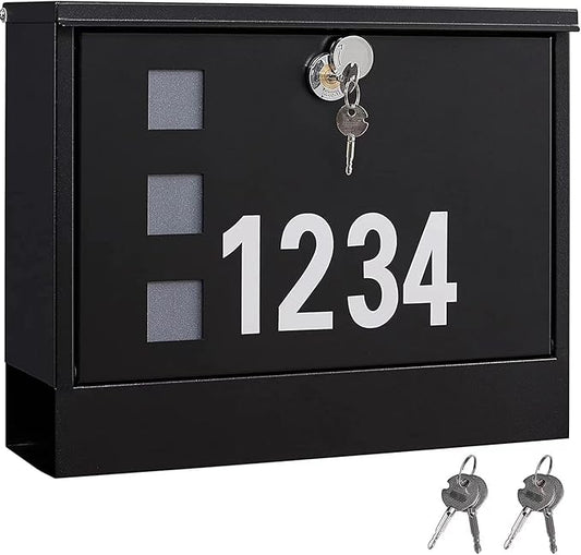 LAND·VOI Locking Mailbox Wall Mounted, Metal Postbox with Three Sets of Mail Box Number Stickers, 4 Keys, 14.4" x 4.5" x 11.2", Large Capacity, Black, AMB11B