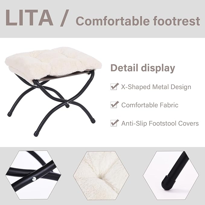 LITA Folding Upholstered Footrest Stool, Modern Small Portable Accent Ottoman with Detachable Thick Cotton Cushion Padded Sofa Stool with Metal Frame for Lazy Chair, Living Room & Bedroom, Plush Beige