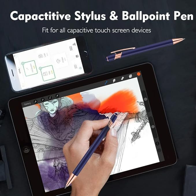 12 PCS 2 in 1 Stylus Ballpoint Pen with Stylus Tip, 1.0 mm Black Ink Metal Pen Stylus Pen for Touch Screens (Rose Gold & Green)