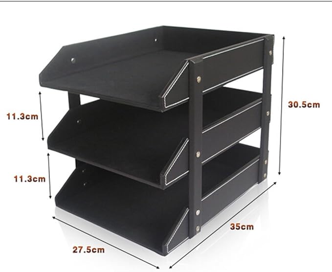 KINGFOM Letter Tray, Leather Paper Organizer Tray, Wooden Desk File Holder, Desktop File, Stackable Magazine Holder, Mail Sorter, Great for Home or Office - 3 Level Brown