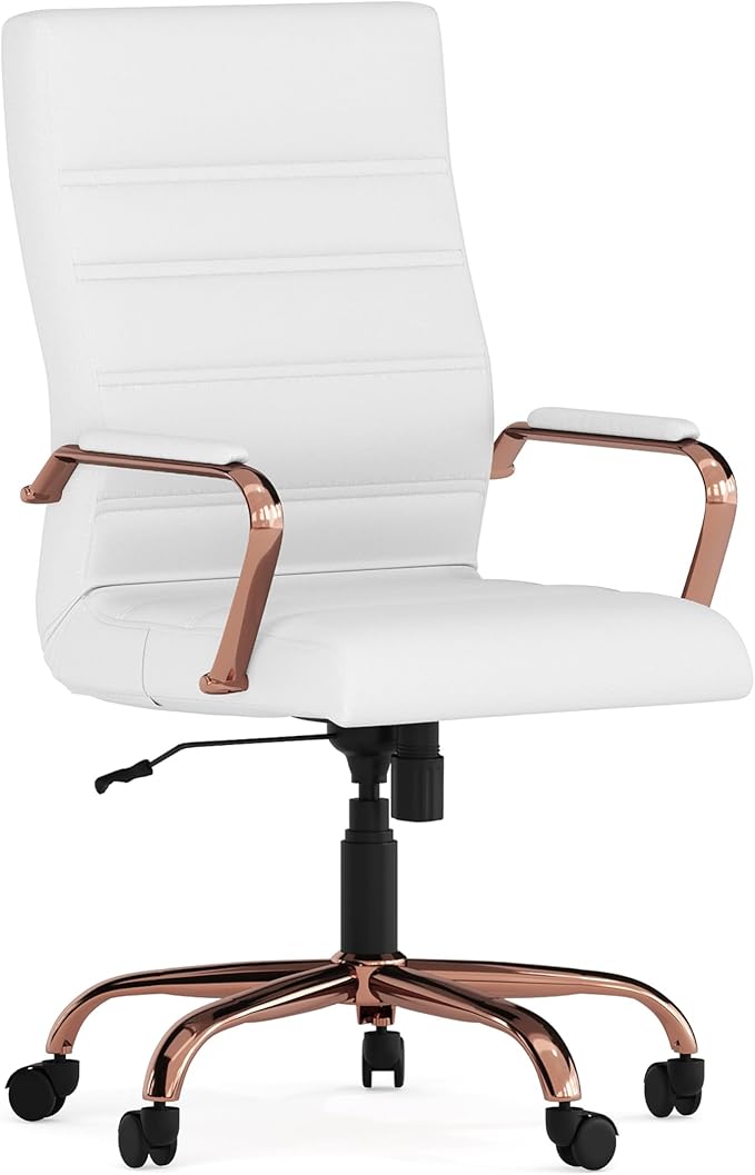 Flash Furniture Whitney High-Back Swivel LeatherSoft Desk Chair with Padded Seat and Armrests, Adjustable Height Padded LeatherSoft Office Chair, White/Rose Gold
