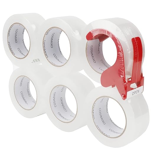 COSIMIXO 6-Pack Heavy Duty Clear Packing Tape with Dispenser, 2.5mil x1.88 inch x110 Yards, Ultra Strong,Industrial Shipping Box Transparent Packaging Tape for Moving, Office, & Storage