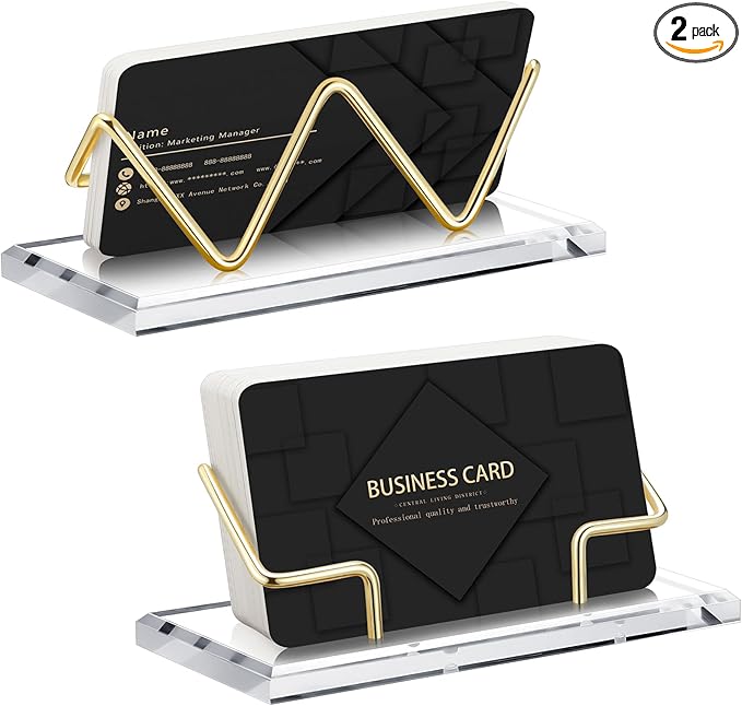 Amyhill 2 Pieces Acrylic Business Card Holder for Desk Clear Horizontal Business Card Display Stand Postcard Holder for Office Home Desktop (Gold)