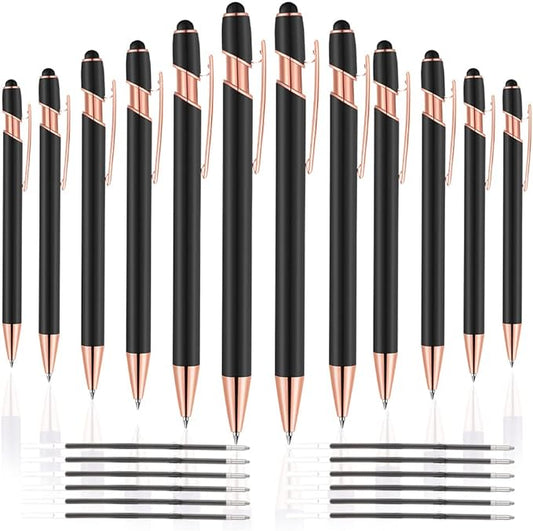 12 PCS 2 in 1 Stylus Ballpoint Pen with Stylus Tip, 1.0 mm Black Ink Metal Pen Stylus Pen for Touch Screens (Rose Gold & Black)