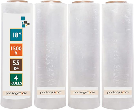 PackageZoom 4 Rolls 18" x 1500 Ft Stretch Wrap Heavy Duty, Industrial Strength Shrink Wrap, 55 Gauge High Performance Stretch Film Replaces 80 Gauge Low Films, Clear Hand Stretch Wrap