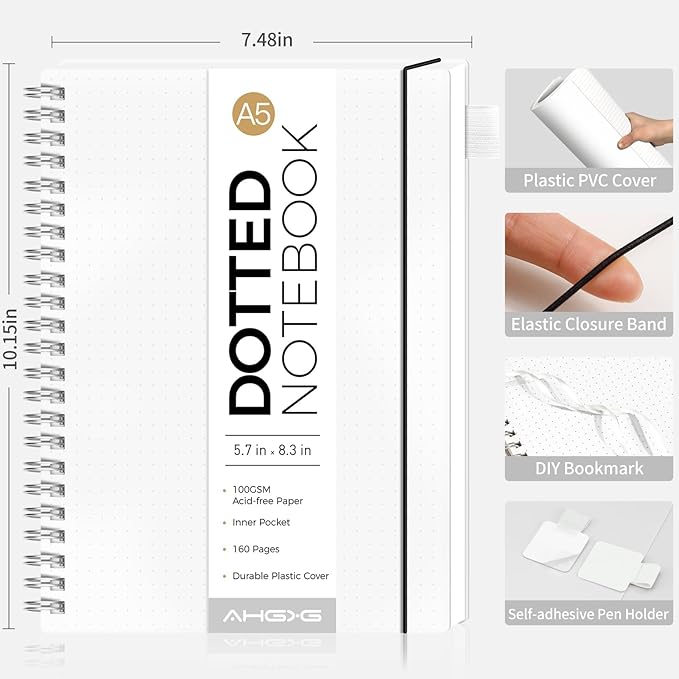 AHGXG Bullet Dotted Journal - Dot Grid Spiral Notebook A5, 160 Pages, 100 GSM Thick Paper, Waterproof Plastic Cover Journals for Bullet Journaling, Sketching, 5.7" x 8.3", Transparent