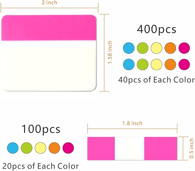 Sticky Index Tabs Book Page - 500Pcs 2 Inch Writable Colored Pages Markers, Repositionable File Tab Flags Labels Self Adhesive Reading Divider Sticker for Books, Binders, Notebook and Folders (21 Set)