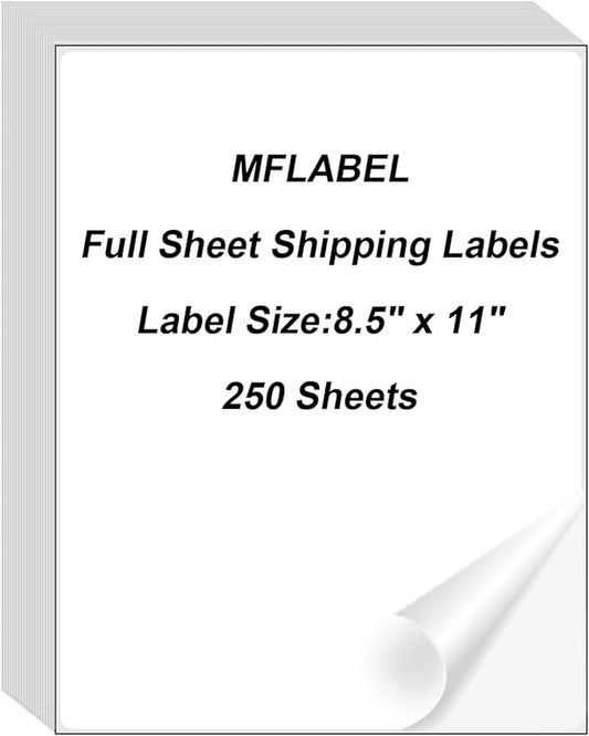 MFLABEL Full Sheet Sticker Labels, Address Labels, White Matte Label Paper, 8-1/2" x 11" Shipping Labels for Laser & Inkjet Printer (250 Labels, 250 Sheets)