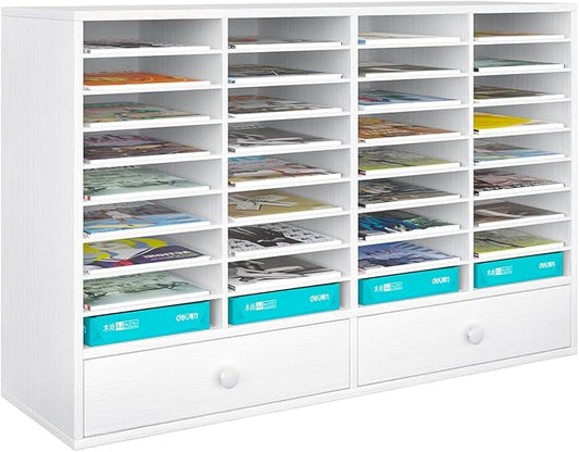Mail Sorter Wood Literature Organizer, Student Mailbox for Classroom, Desktop Bill Paper Holder for Office Home School, 38 Compartments, White