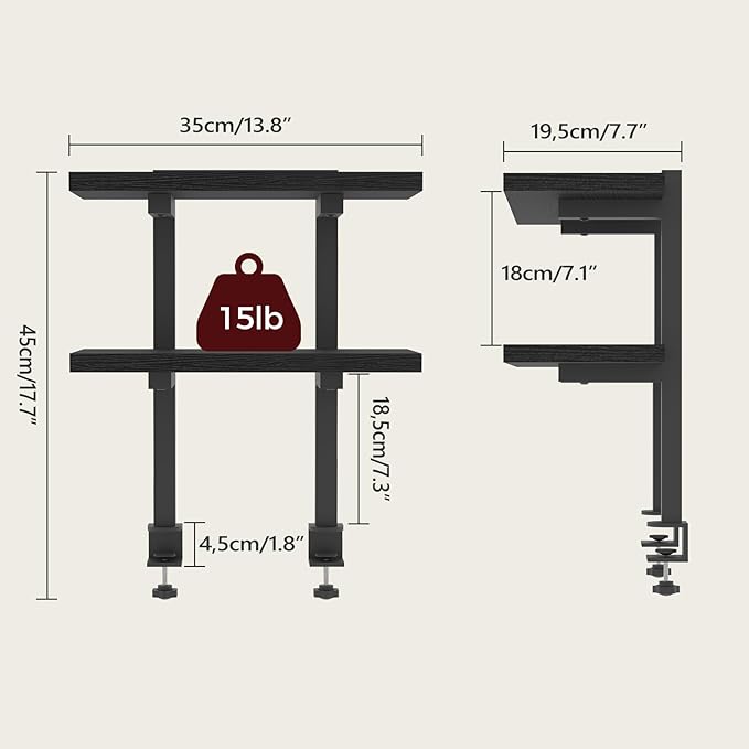 Clamp On Desk Organizer, 2-Tier Desktop Bookshelf, Adjustable Desk Storage Shelf, Metal Frame, for Office, Study and Game Room, Black DSBK3501