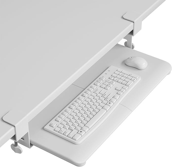 BONTEC KMT01 Under Desk Keyboard Tray, Pull-Out Keyboard & Mouse Platform with C-Clamp, 25.6 x 11.8 in Space-Saving Ergonomic Slide-Out Drawer, White