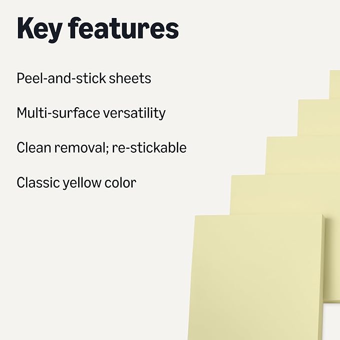 Amazon Basics Square Sticky Notes, Self-Stick Pads, Pack of 18, 3 x 3 inches, Yellow
