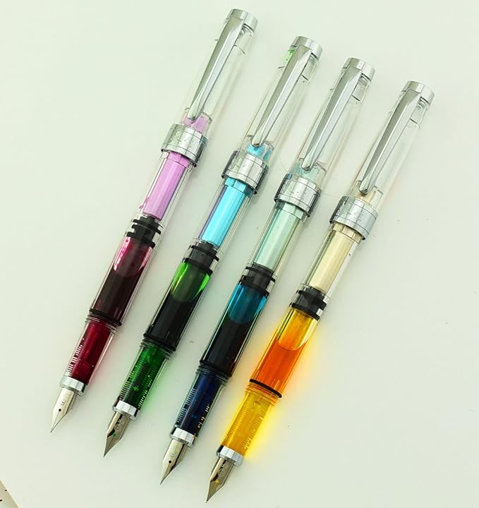 Lanxivi Yongsheng 3008 Piston Fountain Pen EF Extra Fine Nib,Transparent SilverTrim 4 Colors Set