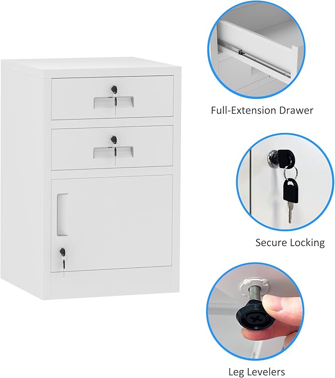 Metal Storage Cabinet with Locking Door and 2 Lockable Drawers for Home Office Bedroom Living Room (White)