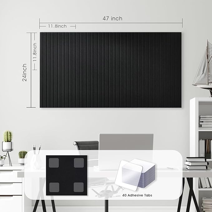 Large Cork Board for Office, 8 Pack Felt Wall Tiles with Slat Wall Paneling, Felt Bulletin Board Pin Board Cork Boards for Walls - Black