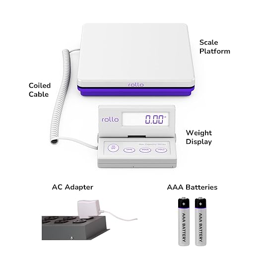 Rollo Shipping Scale For Packages - Digital Shipping Postal Scale (110 Lb Max) - Hold and Tare Functions - Includes AC Adapter and 2x AAA Batteries