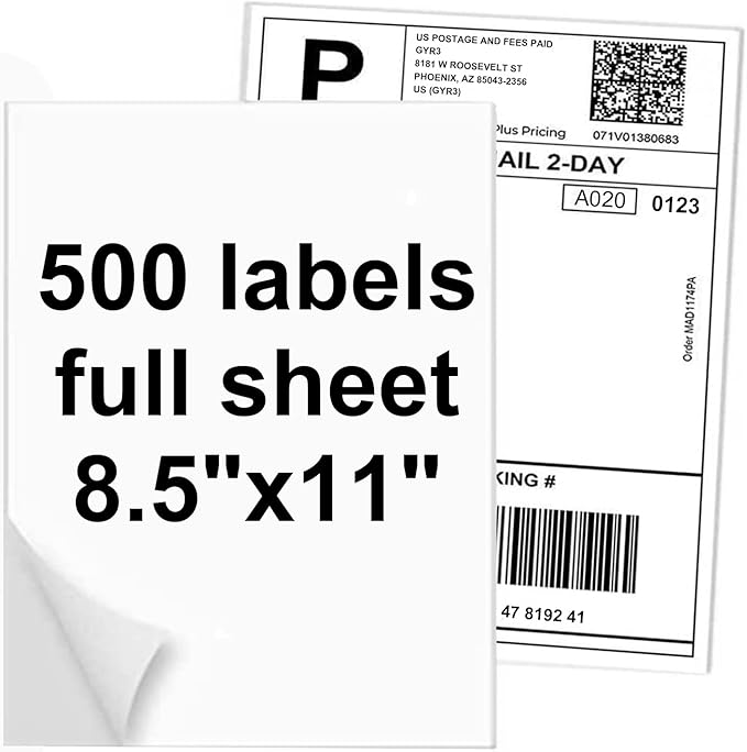 500 Full Sheet Stickers, 8.5" x 11", 500 Labels