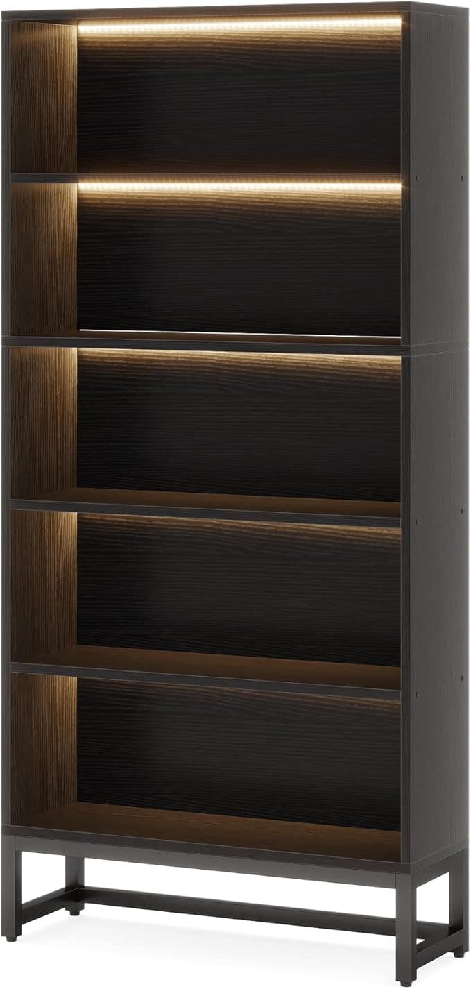 Tribesigns Tall Bookcase Black Bookshelf, 70.8” Large Bookcases Organizer with LED Lights, Heavy Duty Free-Standing Library Bookshelf with 5-Tier Storage Shelves for Living Room, Bedroom (Black)