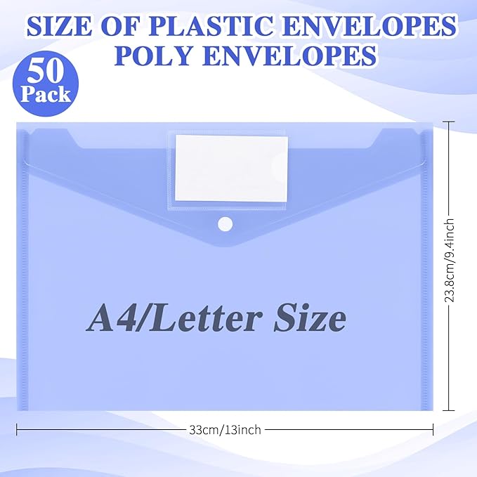 Yeaqee 50 Pcs Plastic Envelopes Poly Envelopes File Folders with Snap Button Closure Clear Folders for Documents US Letter A4 Size Filing Holder with Label Pocket for Home Office School(Blue)