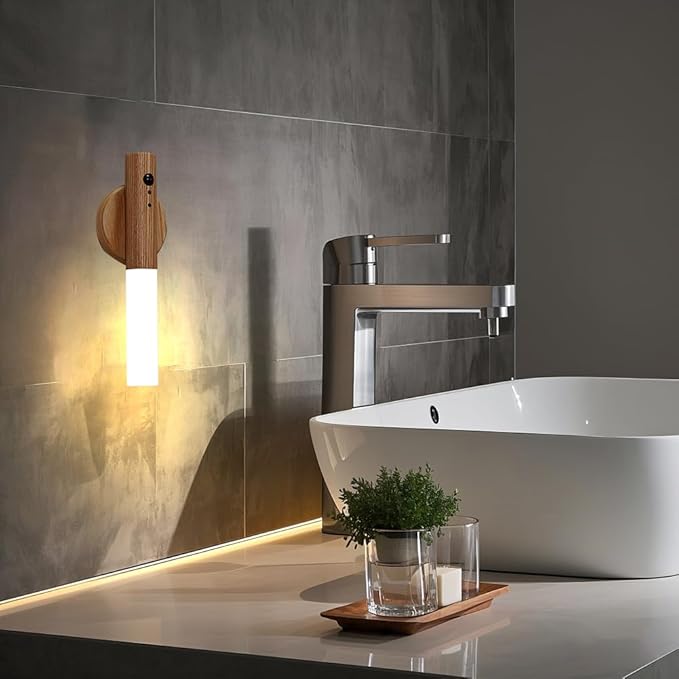 LANDGOO Motion Sensor Night Light RGB & Touch Control | USB-C Rechargeable Ash Wood Wall Sconce | Bathroom/Bedroom Light for Hallway, Stairs, Nursery, Closet, Vanity, Party