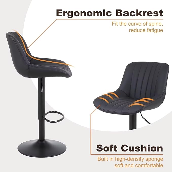 Bar Stools Set of 4, Swivel Counter Height Barstools with Back, Adjustable PU Leather Bar Chairs, Modern Armless Kitchen Island Stool, Black