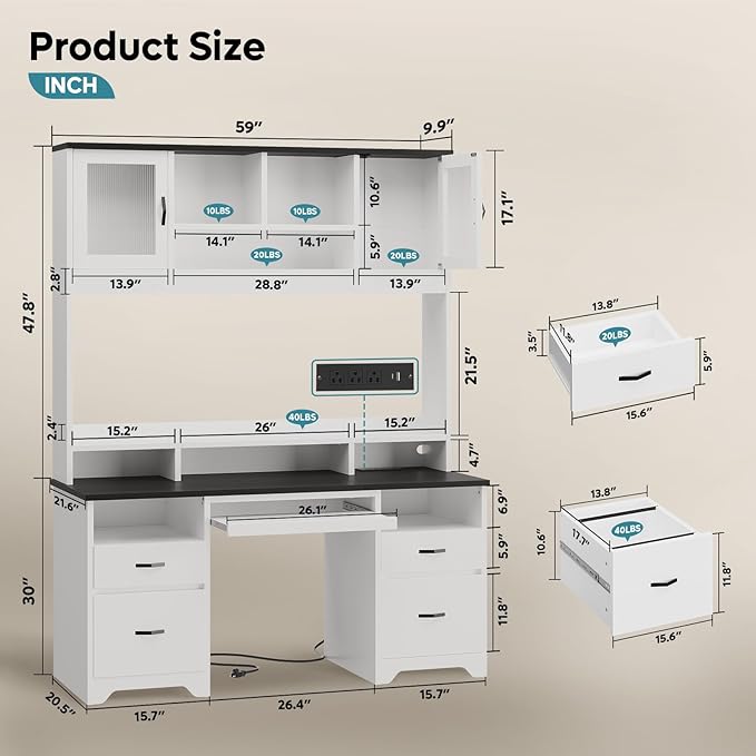 Bestier 77.8" H Executive Desk with Hutch, Modern Wood Computer Desk with Drawers, Charging Station, LED Light, Fluted Storage Cabinet, Keyboard Tray, 59" W Office Desk for Home Office, White
