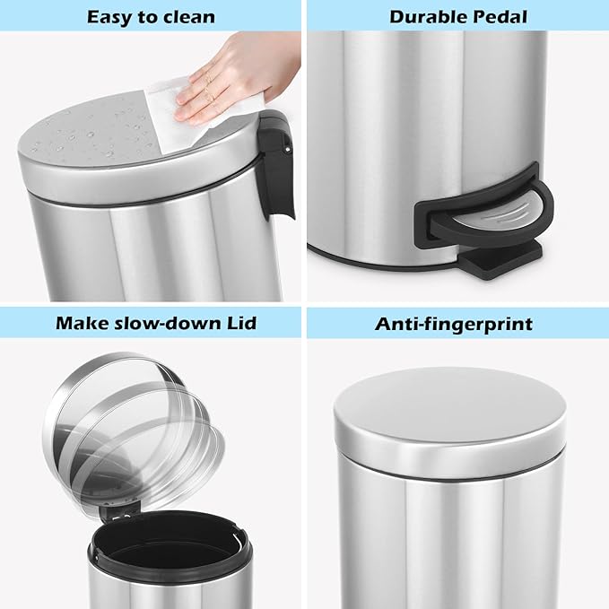 Kitchen Trash Can with Lid, 2 Pack 5 Liter/1.3 Gallon Stainless Steel Trash Can, Oval Step Garbage Can, Soft Close Trash Bin for Bathroom Home Office