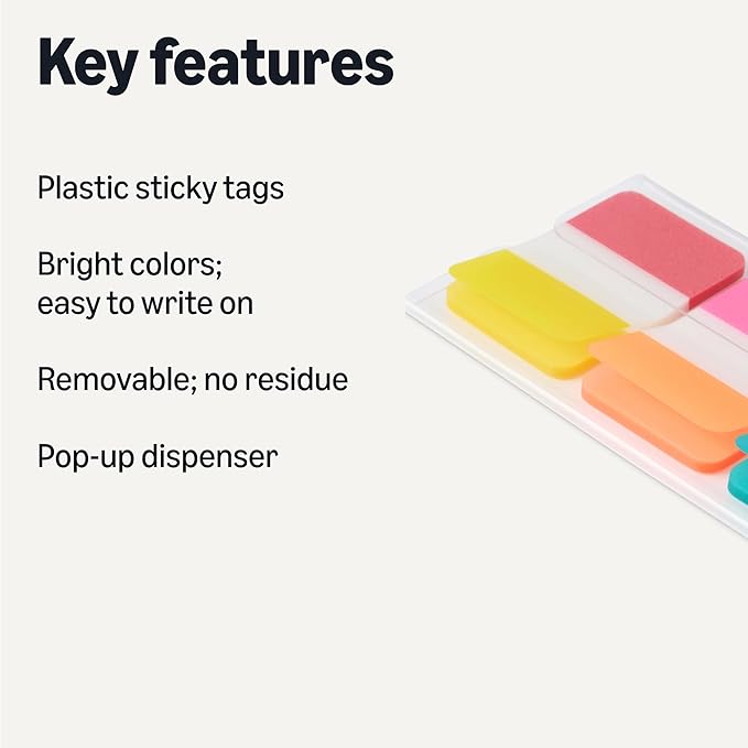 Amazon Basics Rectangular Tabs, 1 inch in Wide, 480 Pieces, Assorted Colors, 8 Dispensers/Pack