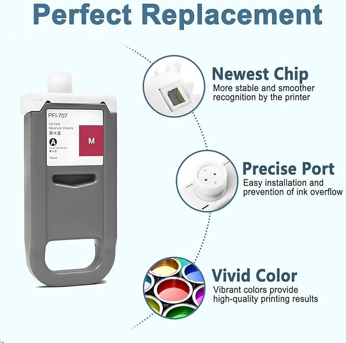 PFI-707 Ink Cartridge PFI707 Ink Tank Compatible with Canon imagePROGRAF PF830, iPF840, iPF850 CAD Plotters 700 ML (1-Pack, Magenta)