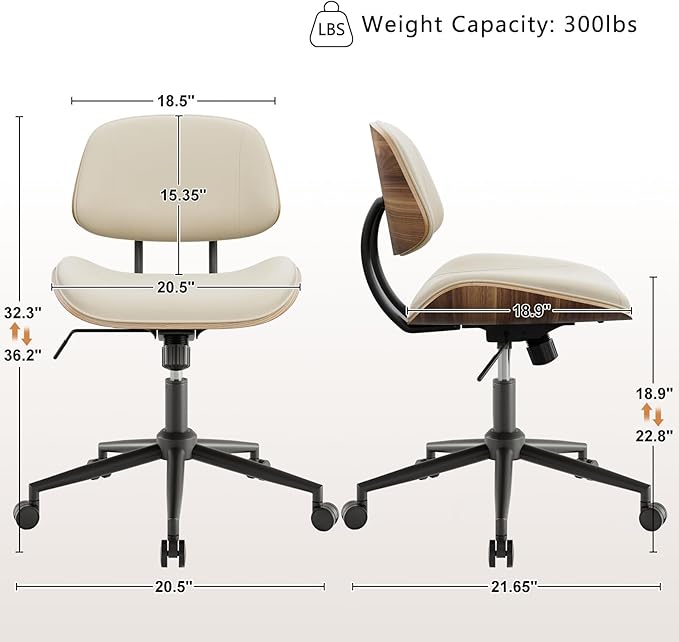 Armless Office Chair with Wheels, PU Leather Adjustable Height Desk Chair - 360° Swivel Ergonomic Computer Chair for Small Space, Modern Walnut Style, Home & Meeting Room, Beige